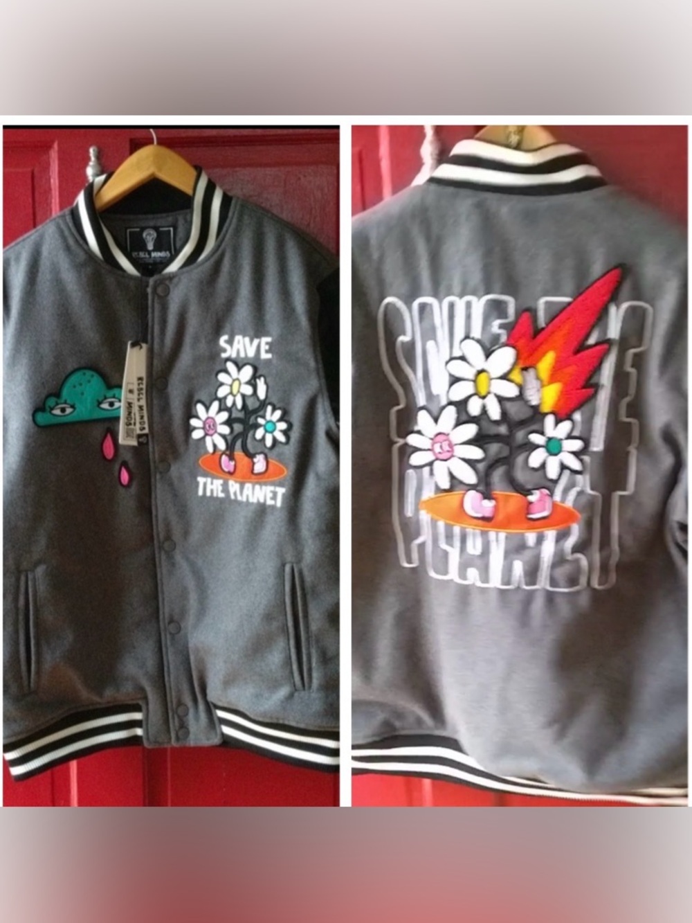 Rebel Minds Save the Planet varsity with appliqués varsity moto jacket coat